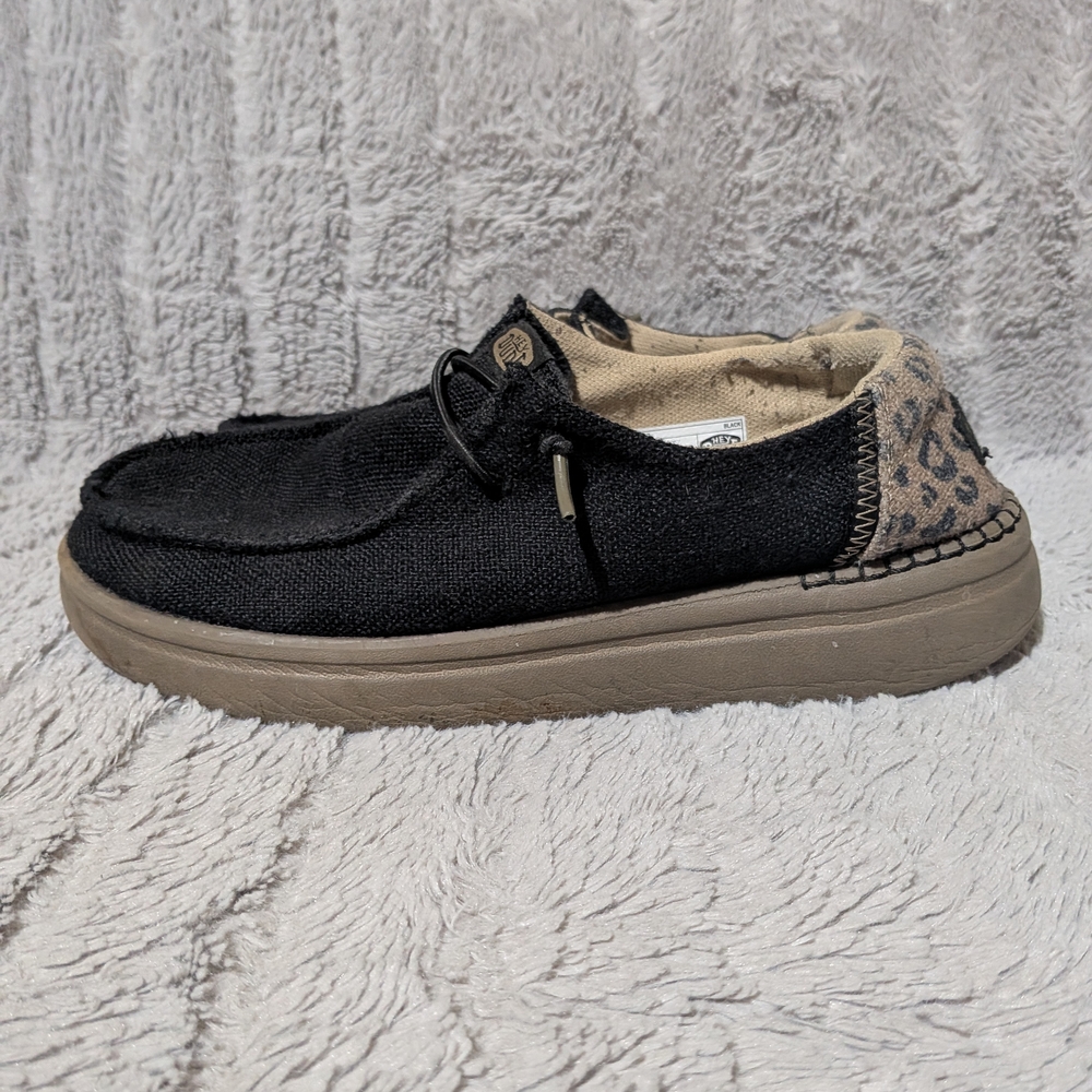 Hey Dude Women's Black Slip-On with Leopard Heel Accent Size 9